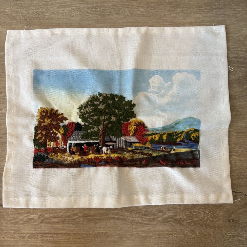 VTG Hand Stitch Crewel Embroidery Country Cabin Landscape Cottagecore  Unframed